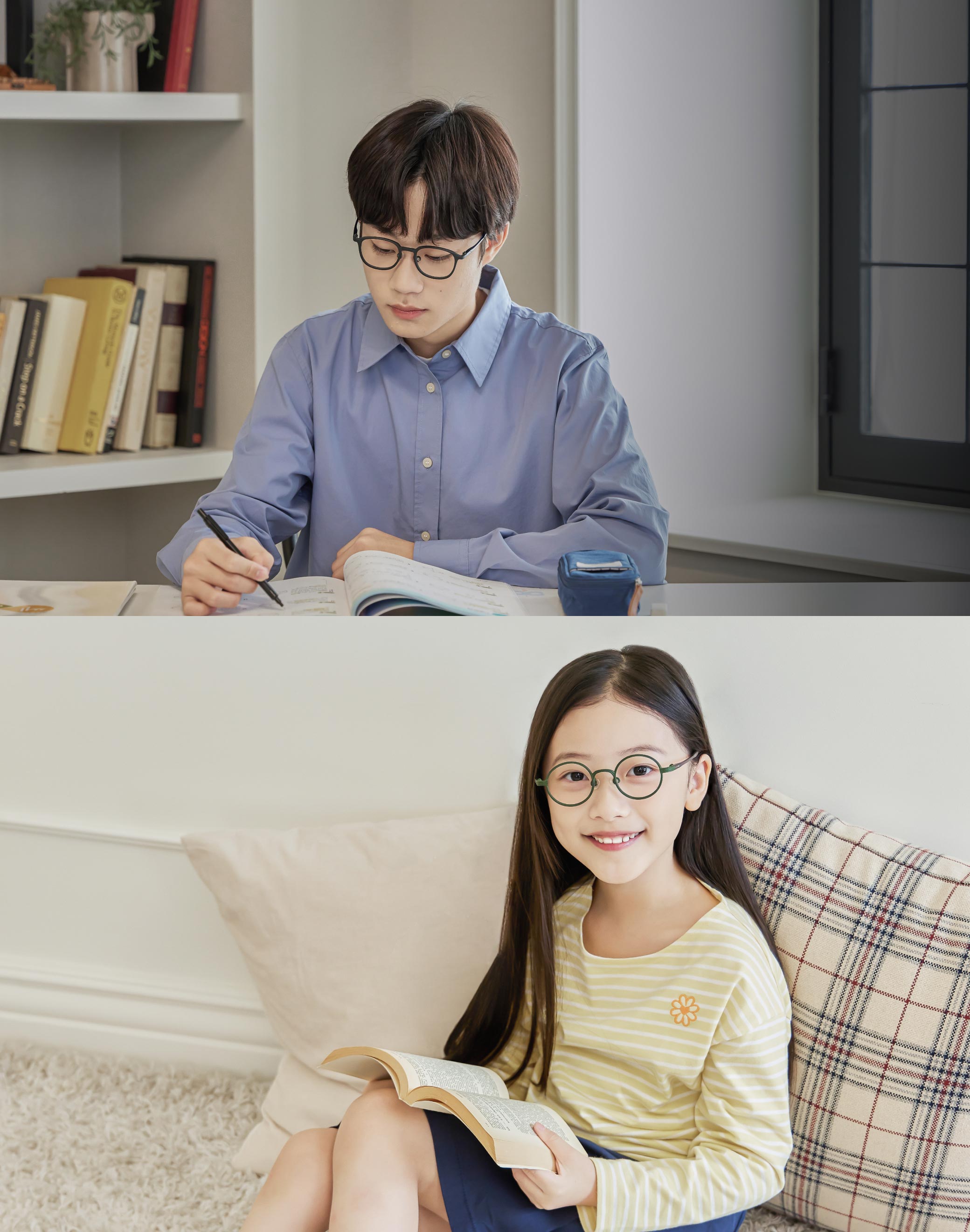성장기 학생 안경 — 공부하는 남학생과 책 읽는 여학생